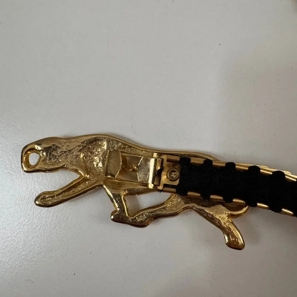 Vintage Women's Elastic Belt Black Gold Tone Dragon Scale Cheetah Brass Buckle